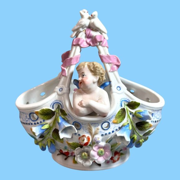 Antique European Porcelain CHERUB inside a Floral BASKET Ribbons Love Birds READ - Picture 1 of 7
